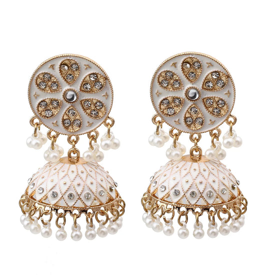 Gold Plated Yellow & White Crystal Jhumka Earrings Design by CRYSTALYNA at  Pernia's Pop Up Shop 2024