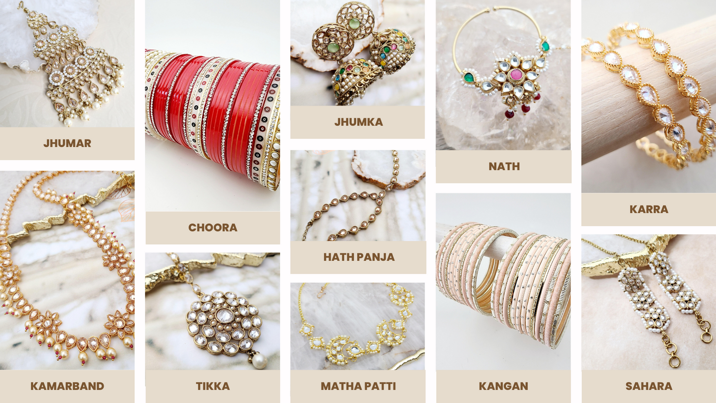 Names of South Asian jewelry and accessories: jhumar, kamarband, choora, tikka, jhumka, hath panja, matha patti, nath, kangan, karra, and sahara.